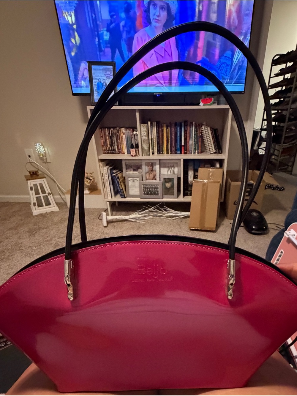 Beijo Shiny Patent Tote in Fuchsia with Black Handles